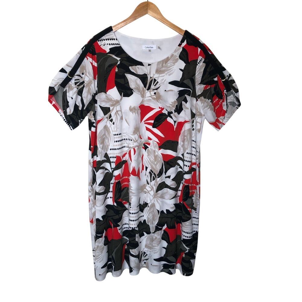 Calvin Klein 1X Floral Abstract Print Shift‎ Dress Red Black White Plus Size